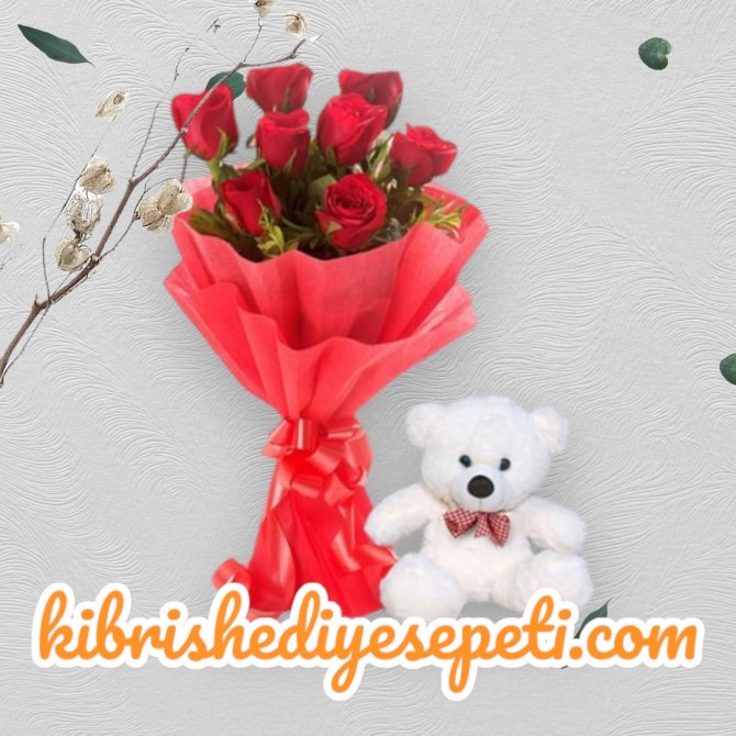 8 Kırmızı Gül Buketi ve Ayıcık